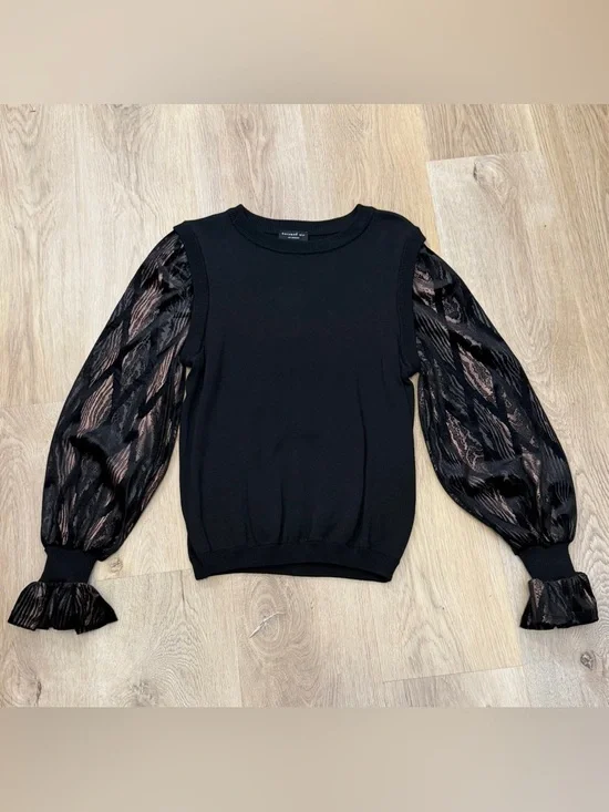 Current Air Black Long-Sleeve Top with Sheer Patterned Sleeves - Picture 5 of 8